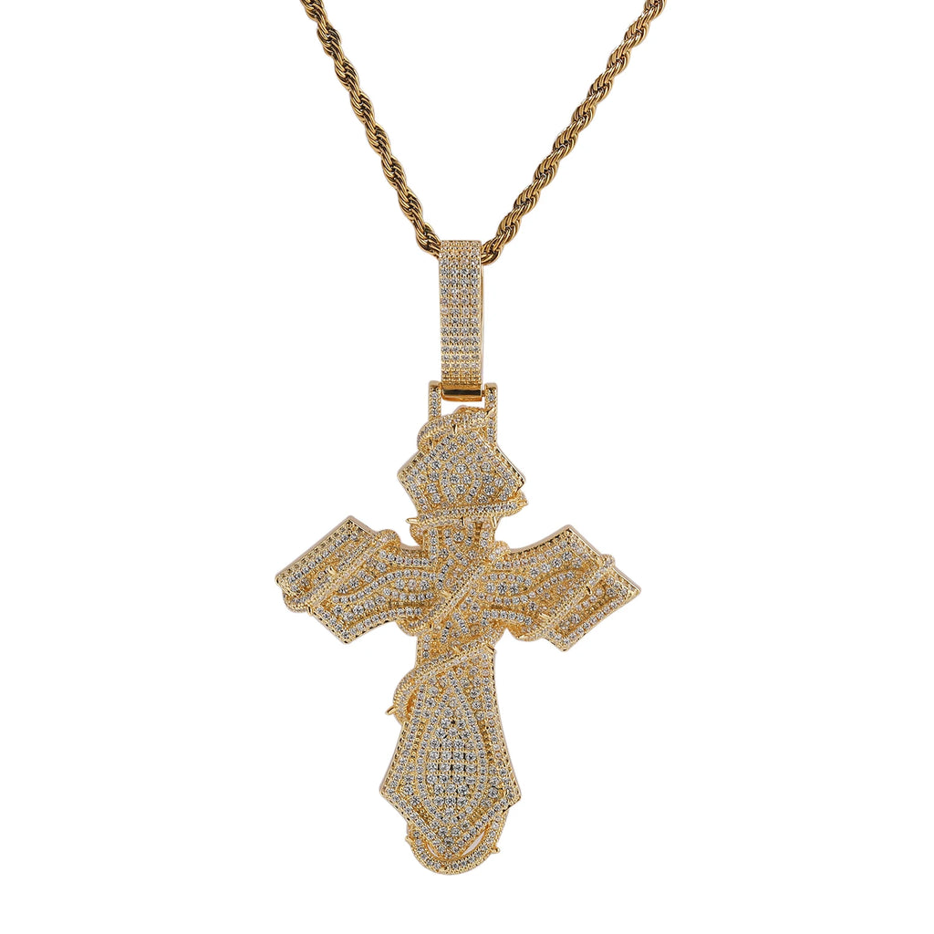 THE BLING KING Iced Out Thorn Wrapped Cross Pendant Necklace Zircon Hip Hop Jewelry Father's Day Graduation Gift for Men