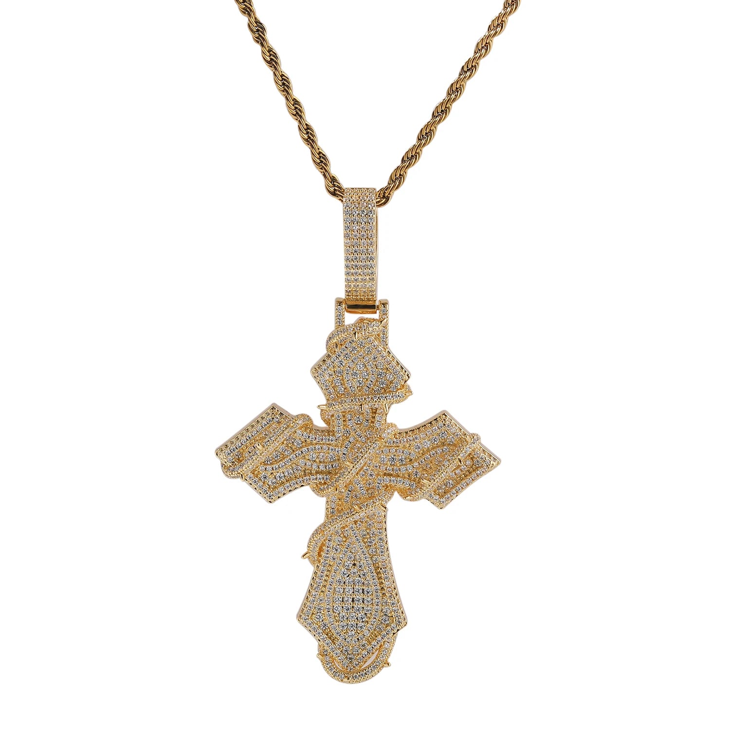 THE BLING KING Iced Out Thorn Wrapped Cross Pendant Necklace Zircon Hip Hop Jewelry Father's Day Graduation Gift for Men