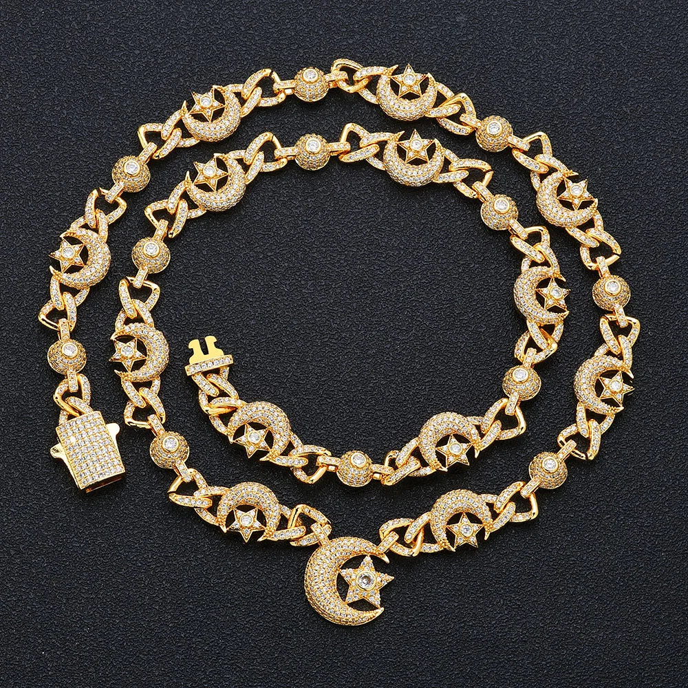 Iced Out Star Cuban Chain Necklace Moon CZ
