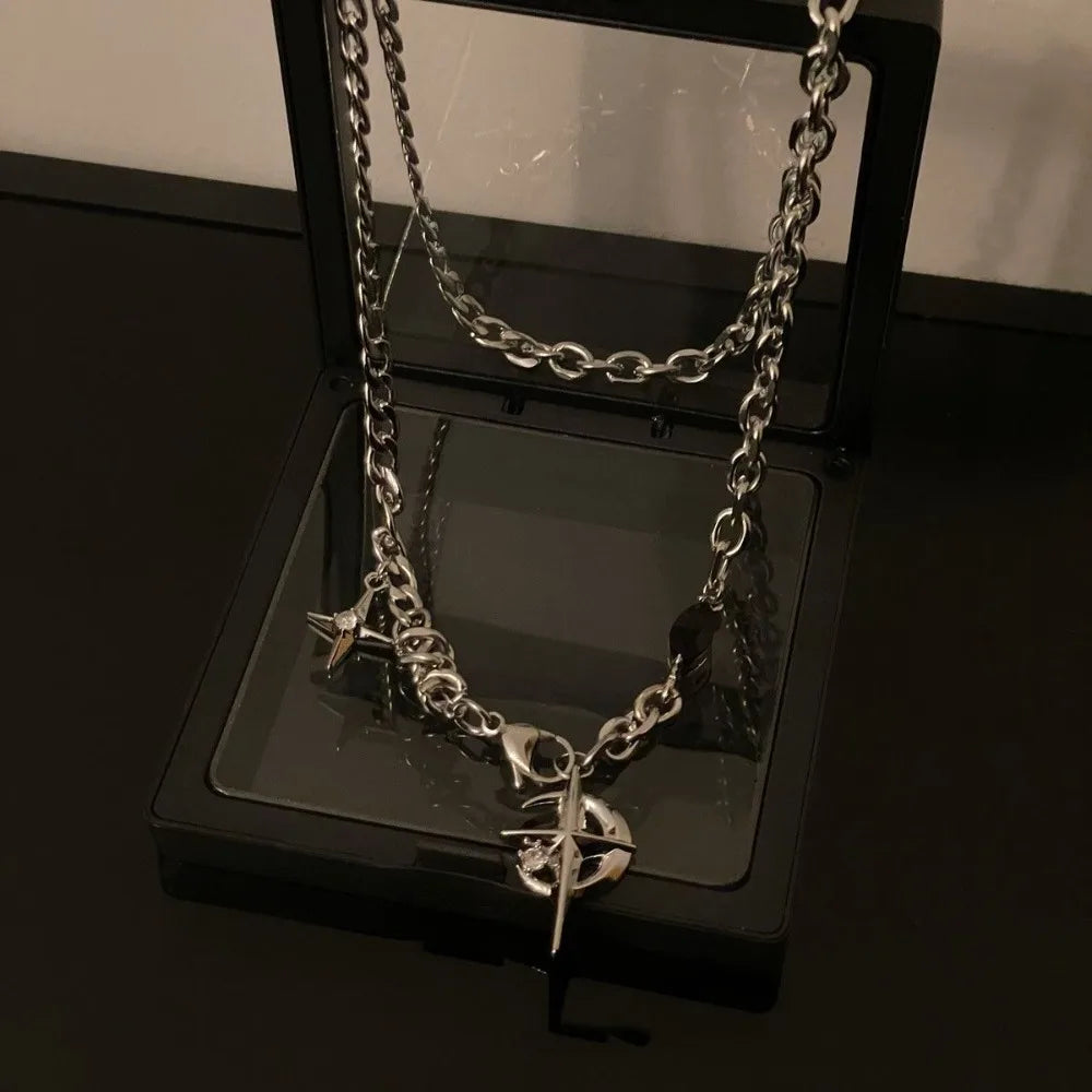 4pcs Personality Trendy Black Zircons Awn Star Cross Pendant Cuban Chain Necklace for Men Friends Hip-hop Punk Jewelry Sets Gift