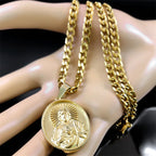 Circular 3D Relief Pendant Necklace — Gold-Tone Stainless Steel