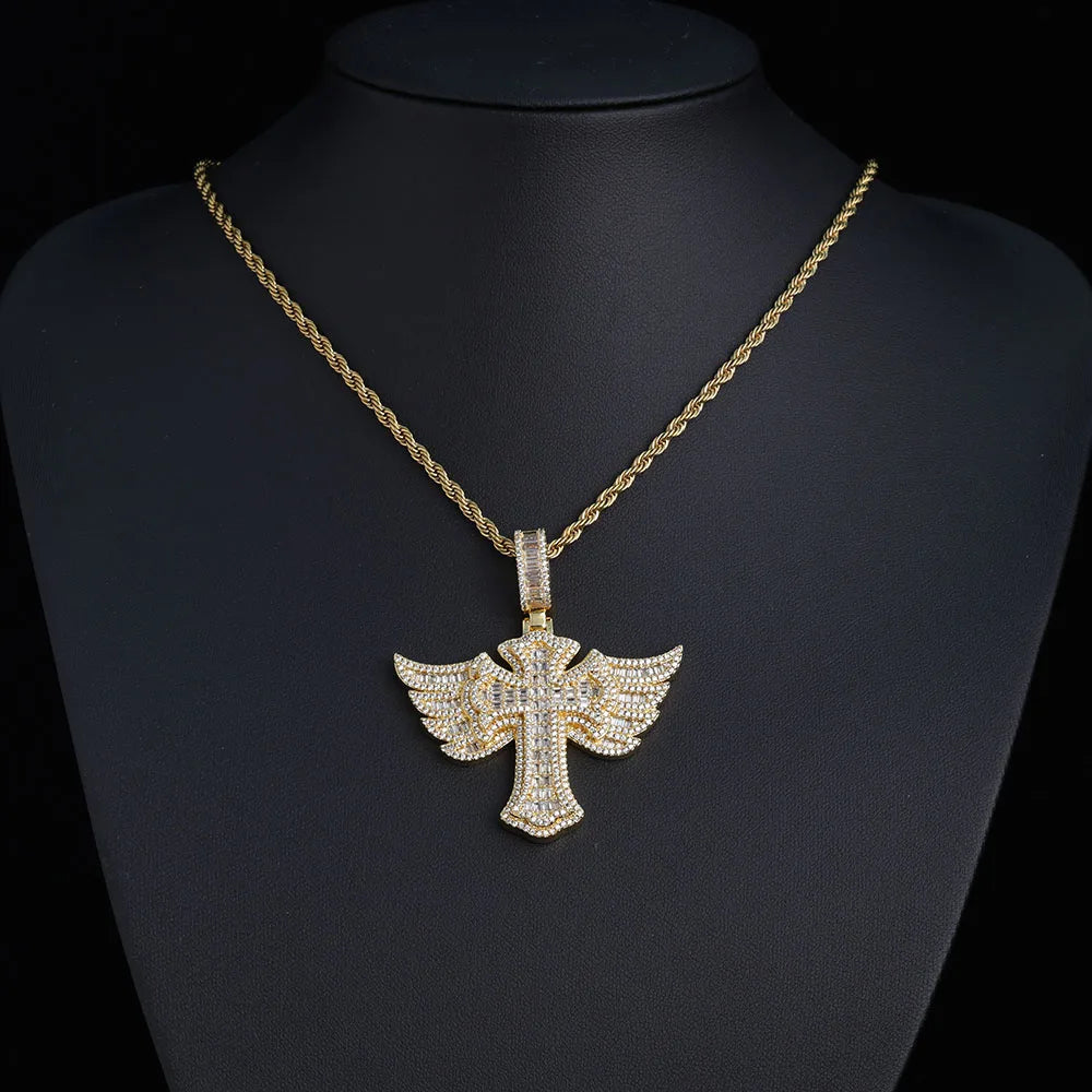 Cross Angel Wings Pendant Necklace Iced Out