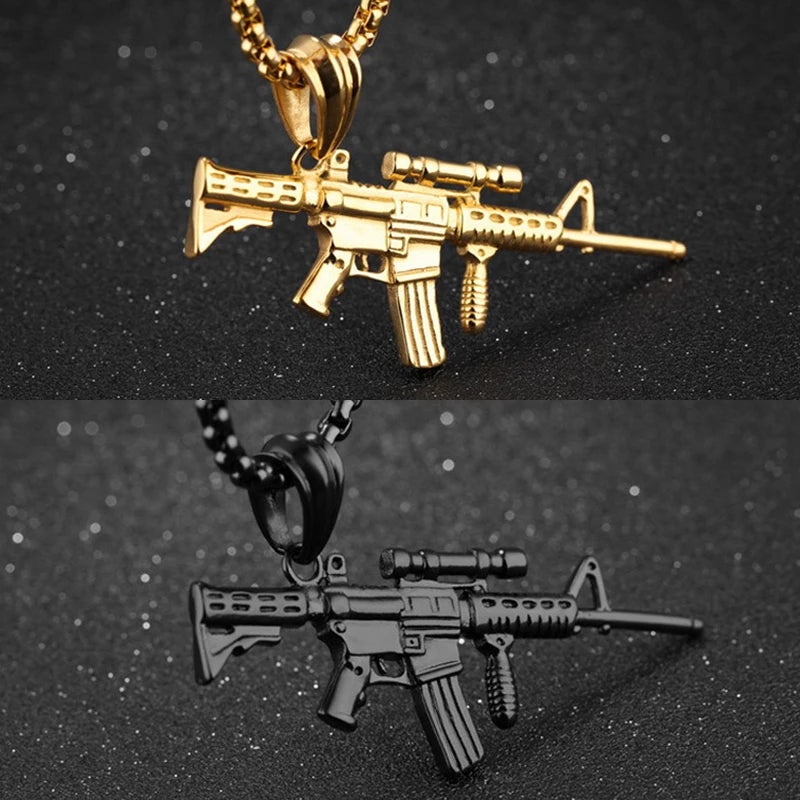 Black Gold Machine Gun Pendant Necklace Statement