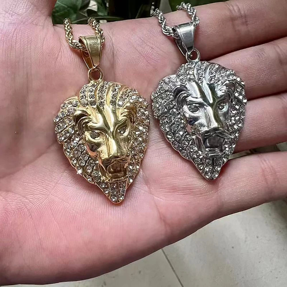 Men's Rock Hip Hop Lion Head Necklace Fashion Creative Stainless Steel Animal Pendant Party Club Charm Jewelry Gifts