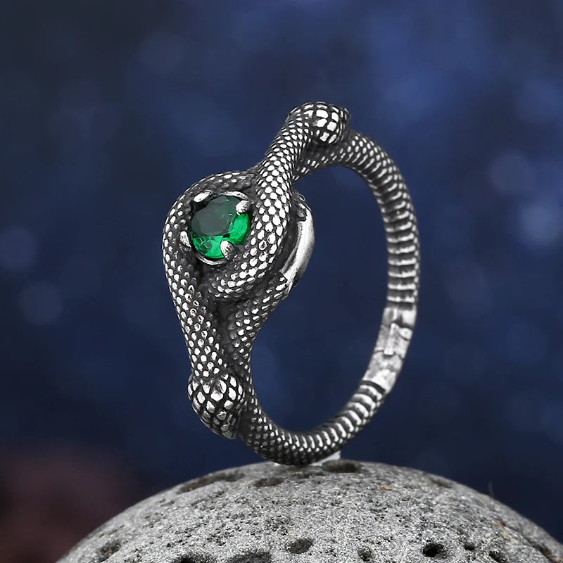 2023 New Vintage 316L Stainless Steel 3D Snake Ring With Green Stone Animal Fashion jewelry For Man Women Boyfriend Gift