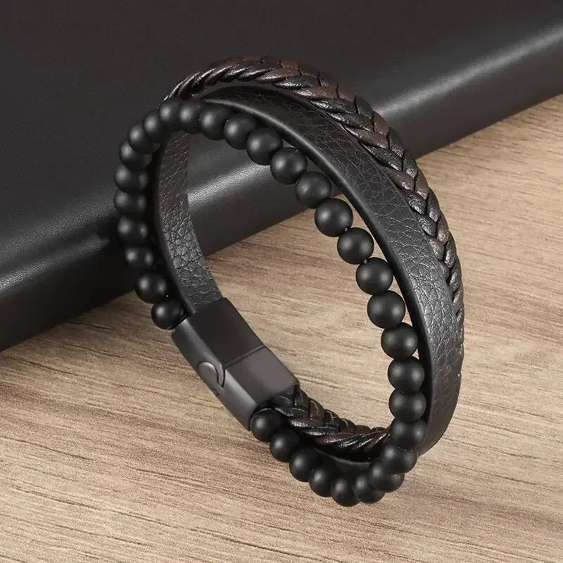 Vintage Punk Hand Woven Three Layer Leather Black Beaded Bracelet Magnetic Bracelet Clasp Men\\'s Charm Business Event Jewelry