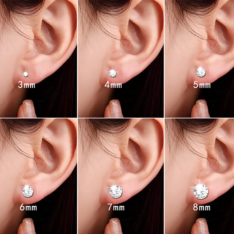 1 Pair 3-8mm Classic Round/Flat Back Screw Stud Earrings for Women/Men Stainless Steel  Shiny Zircon Crystal Piercing Jewelry