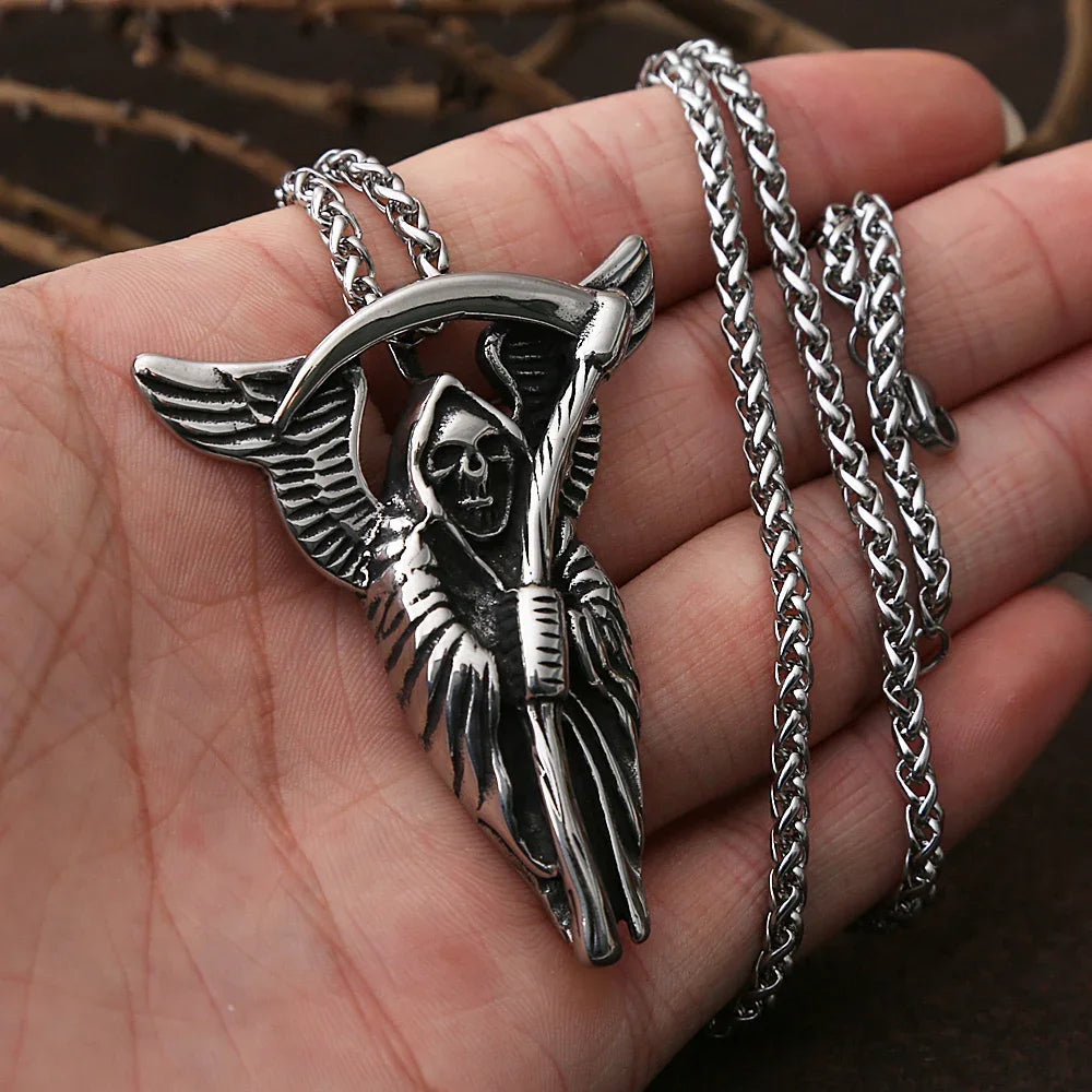 Gothic Grim Reaper Death Scythe Skull Necklace For Men Punk Biker Stainless Steel Chain Necklace Pendant Male Hip Hop