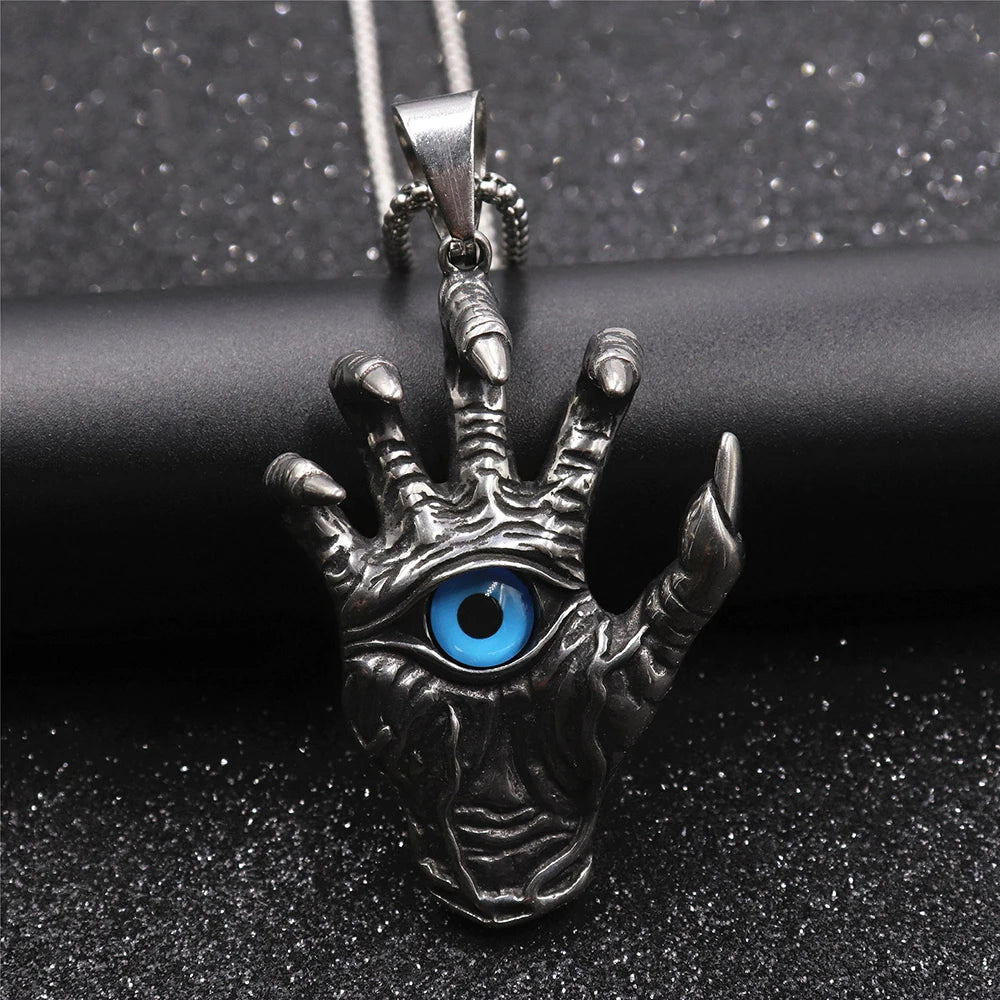 Vintage Skull Hand Demon Eye Necklace Pendant Men's Punk Biker Stainless Steel Hell's Eye Pendant Fashion Men Chain