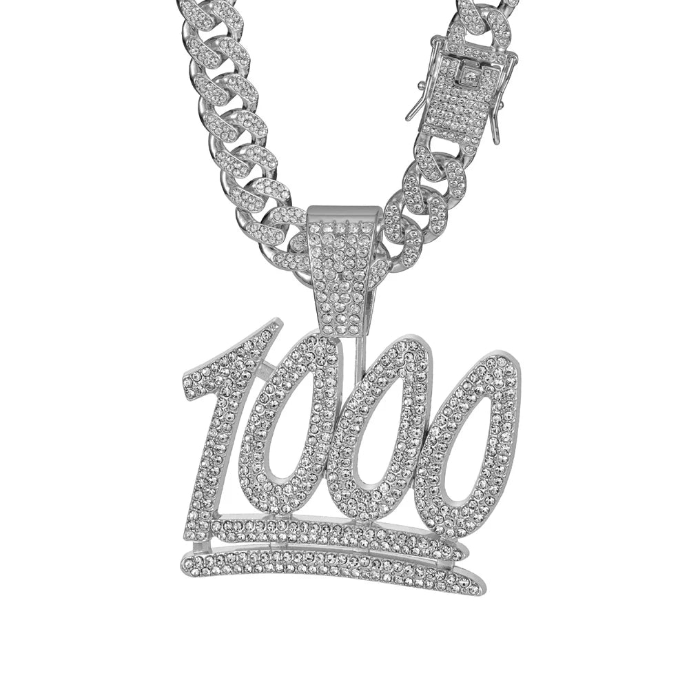Fashion Shine Number 1000 Fraction Pendant Necklace With14mm Crystal Cuban Chain For Men Women Hip Hop Party Jewelry Accessories