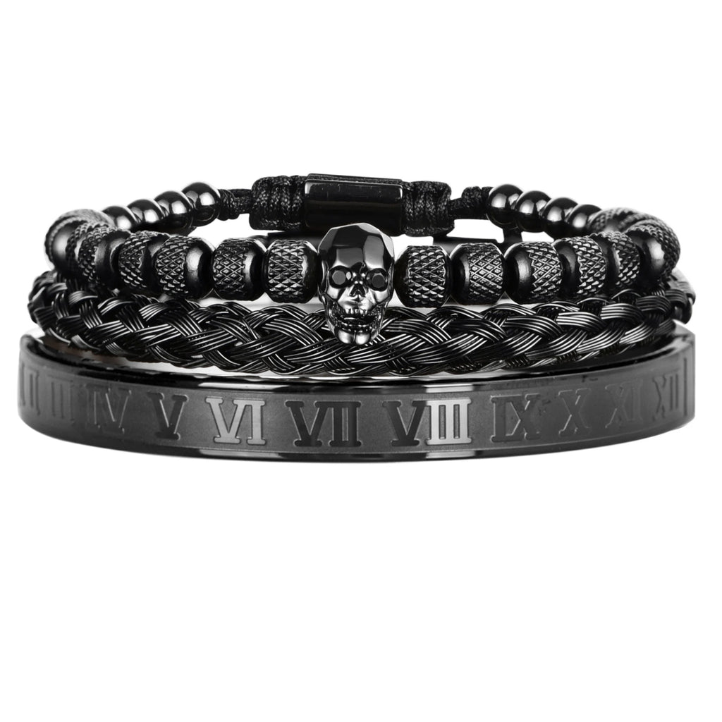 Luxury 3pcs/Set Skull Charm Black Bracelet Stainless Steel  Men Enamel Roman Number Bangles  Europe Fashion Couple Jewelry
