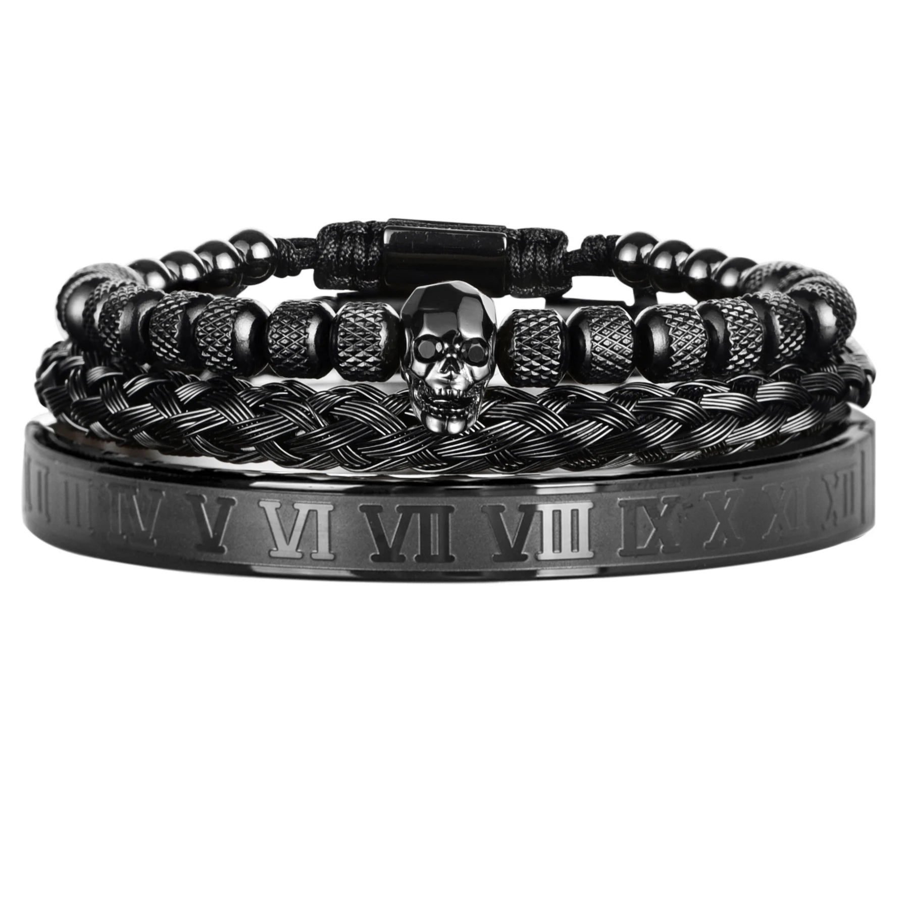 Luxury 3pcs/Set Skull Charm Black Bracelet Stainless Steel  Men Enamel Roman Number Bangles  Europe Fashion Couple Jewelry