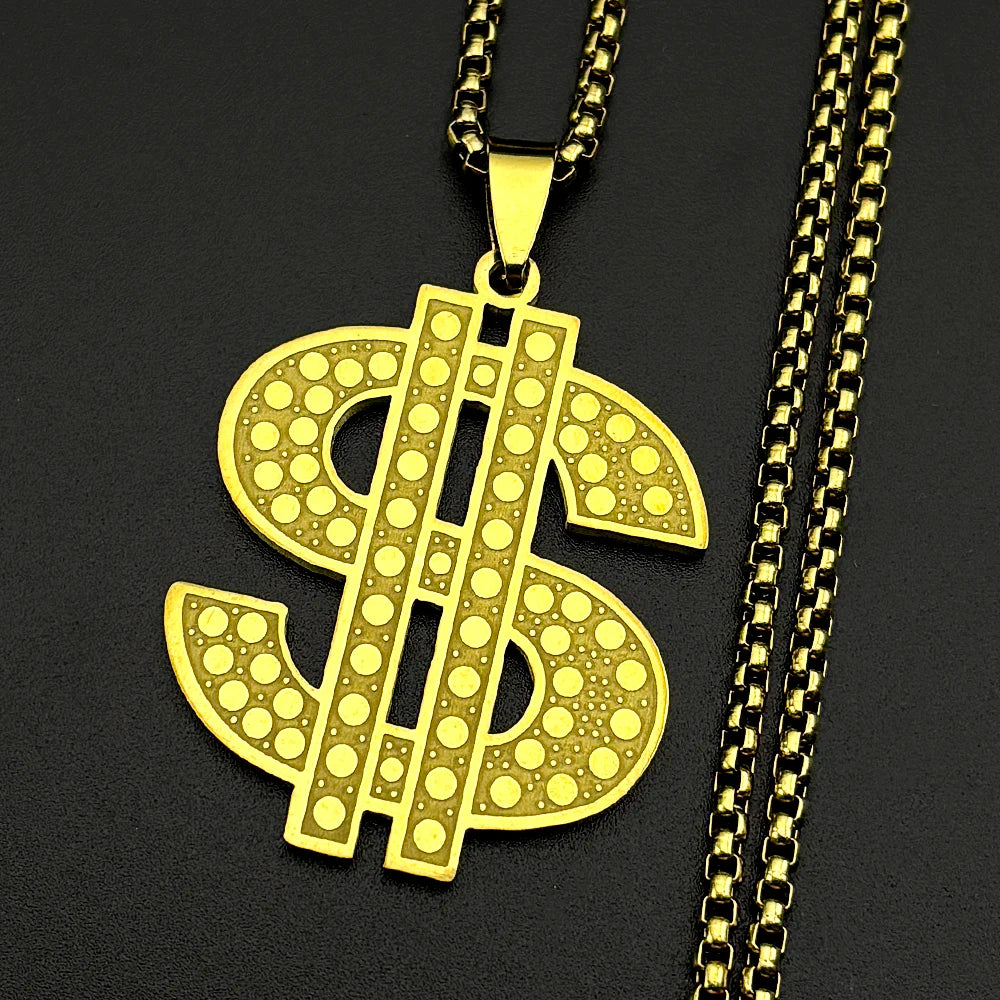 Hip Hop Dollar Money Symbol Necklace Stainless Steel Gold Silver color Rhinestone Pendant Rap Streetwear Chain Jewelry