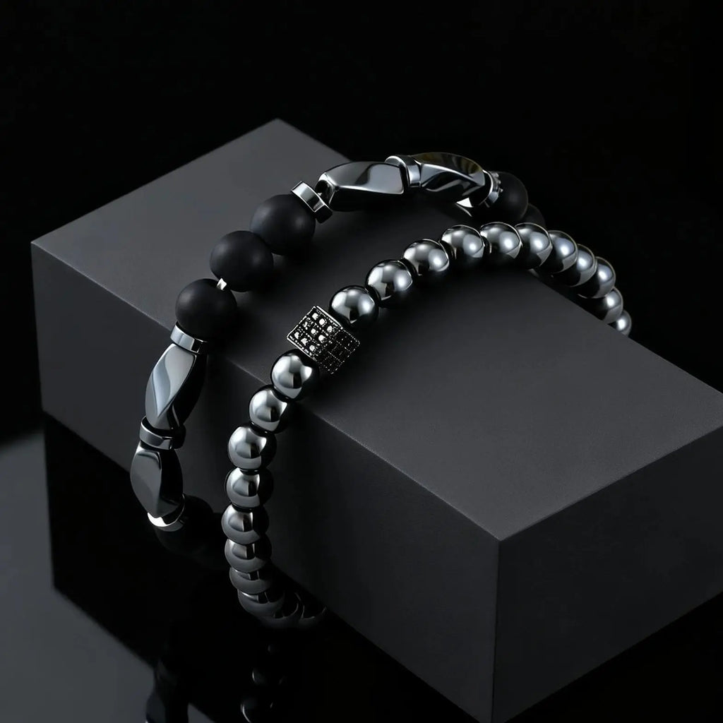 2ps Fashion Bracelet Set for Men Natural Agate Hematite Beaded Chain Bangle Luxury High Quality Jewelry Gift