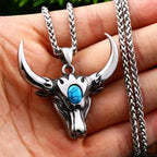 Retro Punk Turquoise Bull Head Pendant Necklace for Men Fashion Hip Hop Motorcycle Riding Trend Cool Personalized