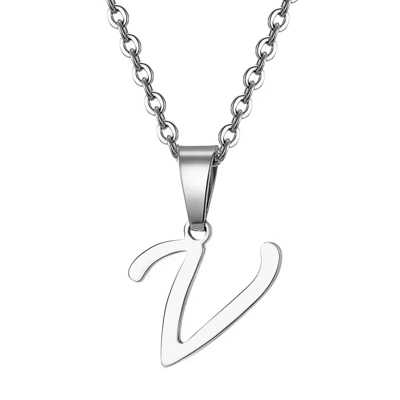 Vintage Initial Letter Pendant Necklace for Women Simple Stainless Steel Letter Glossy Clavicle Chain Choker Necklaces Jewelry