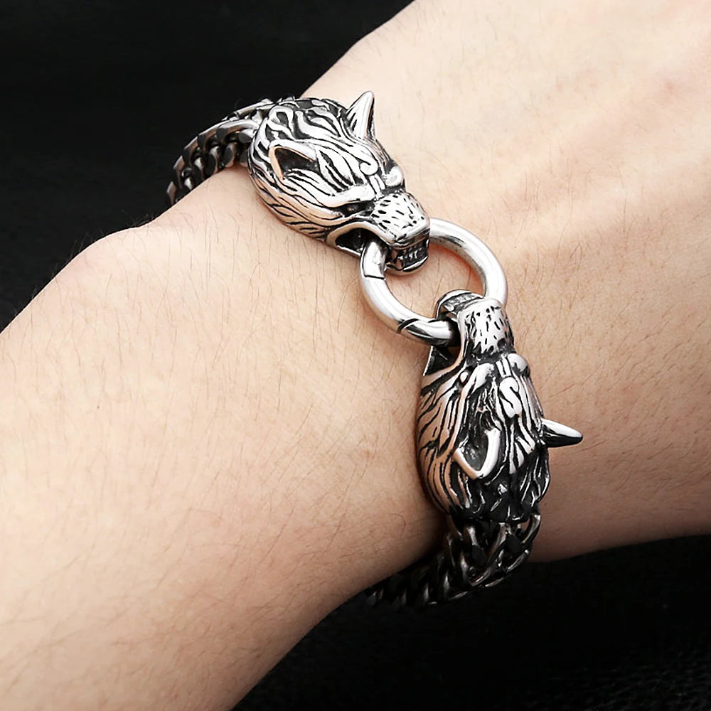 Double Wolf Head Bracelet — Stainless Steel