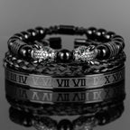 3PCS Mens Premium Black Agate Beaded Bracelet Set - Double Leopard Head, Roman Numerals, Adjustable Braided Design