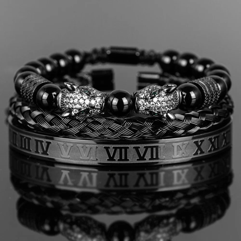 3PCS Mens Premium Black Agate Beaded Bracelet Set - Double Leopard Head, Roman Numerals, Adjustable Braided Design
