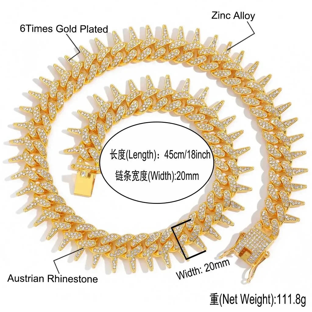 Full 20mm Thorn Set Cuban Chain Punk Retro Hip Hop Chic Bracelet Collarbone Chain Hip Hop Accessory
