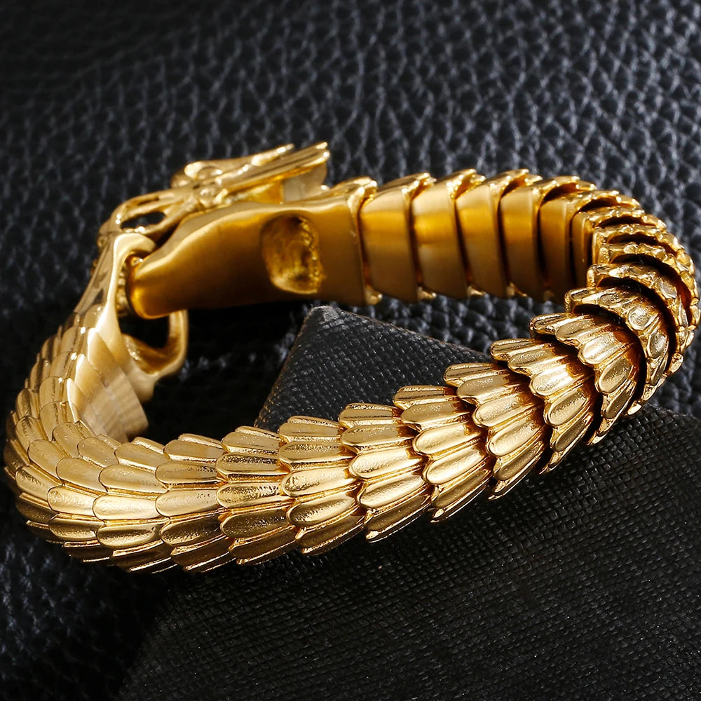 Dragon Head Animal Man Bracelet Gold Color 316L Stainless Steel Dragon Keel Chain Men's Bracelets Wristband Viking
