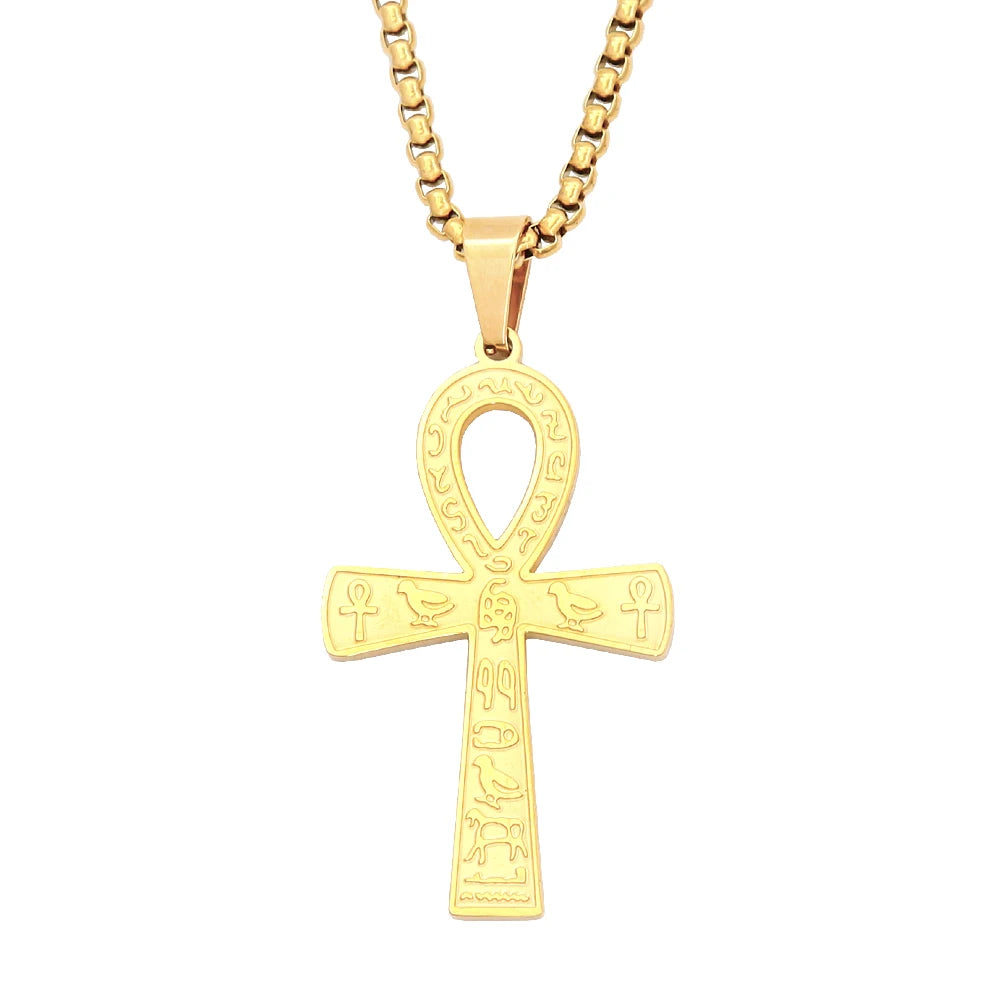 Vintage Punk Anka Cross Pendant Stainless Steel Egyptian Necklaces For Men Women Unique Rune Amulet Jewelry Gifts