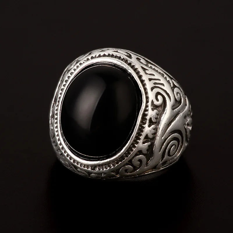 Retro Resin Gem Engraving Flower Pattern Ring For Men Punk Gothic Zinc Alloy Ring Designer Jewelry Unisex Accessories