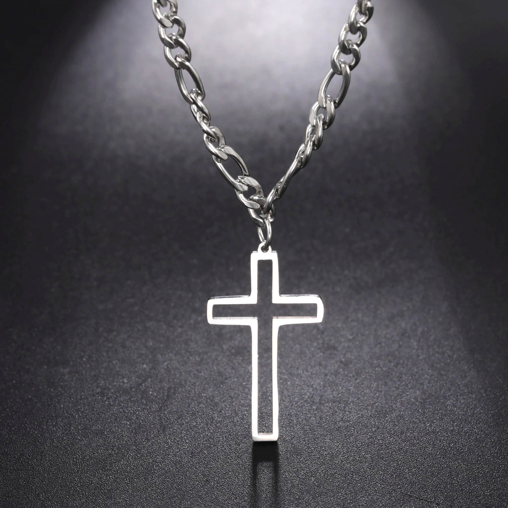 Hollow Cross Pendant Necklace for Men Women Stainless Steel Figaro Chain Necklace Punk Choker Jewelry for Party Gift