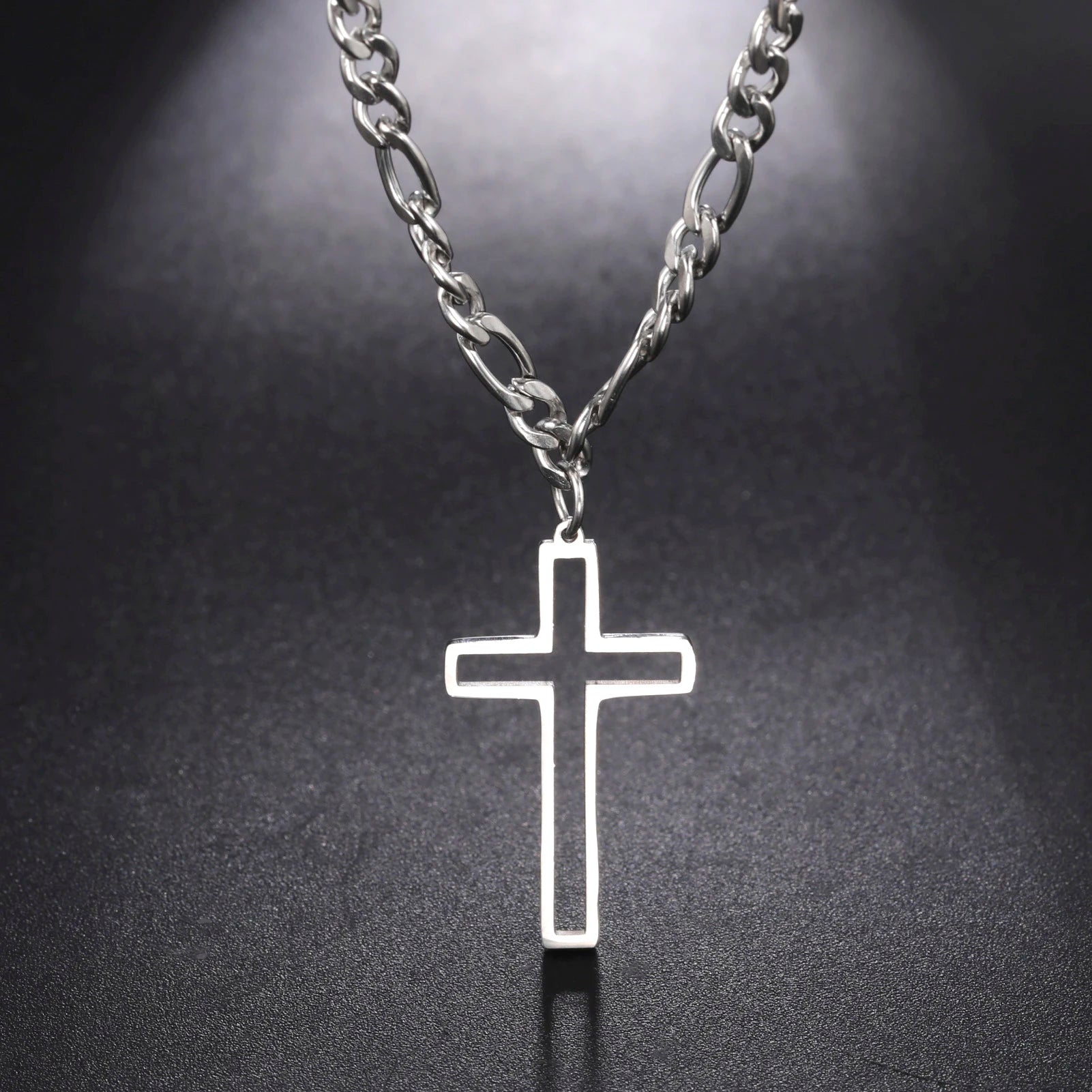 Hollow Cross Pendant Necklace for Men Women Stainless Steel Figaro Chain Necklace Punk Choker Jewelry for Party Gift