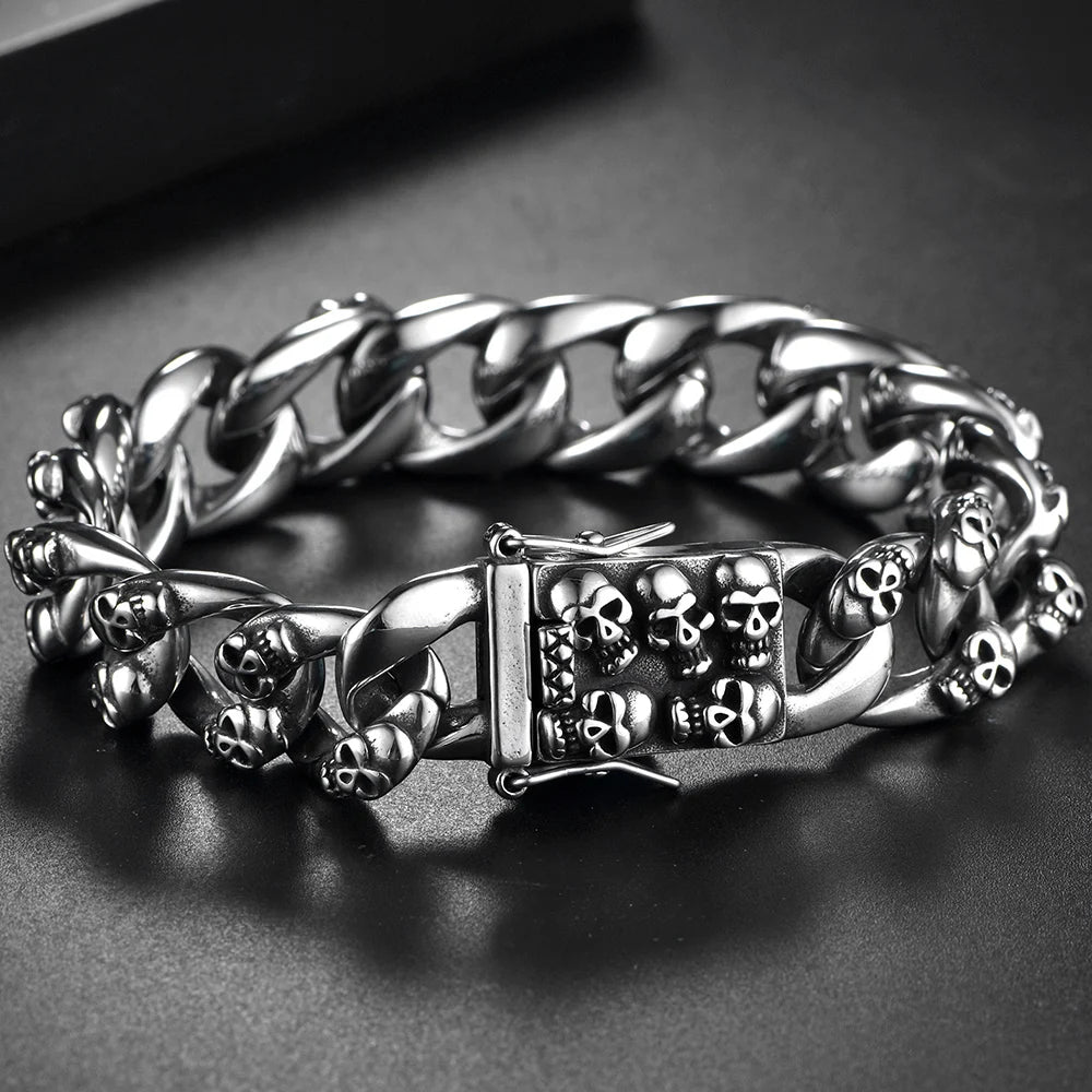 Men's Cast 316l Stainless Steel Skull Link Bracelet Man Punk Gothic Skeleton Head Wristband Biker Rock Chain Jewelry