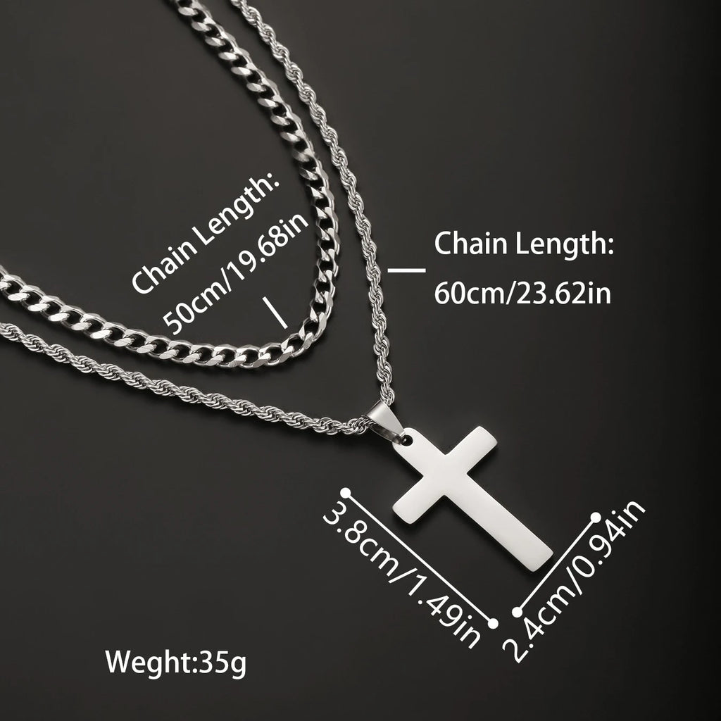 2PCS/SET INGCHAU Fashion Stainless Steel Twisted Chain Cross Necklace for Men Stacked Cuba Chain Necklace Men Spiritual Jewlery