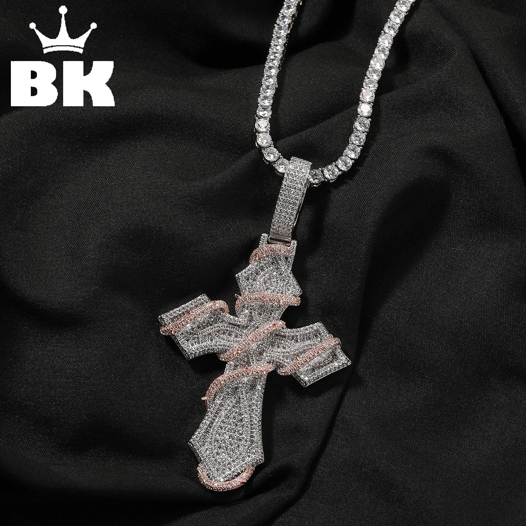 THE BLING KING Iced Out Thorn Wrapped Cross Pendant Necklace Zircon Hip Hop Jewelry Father's Day Graduation Gift for Men