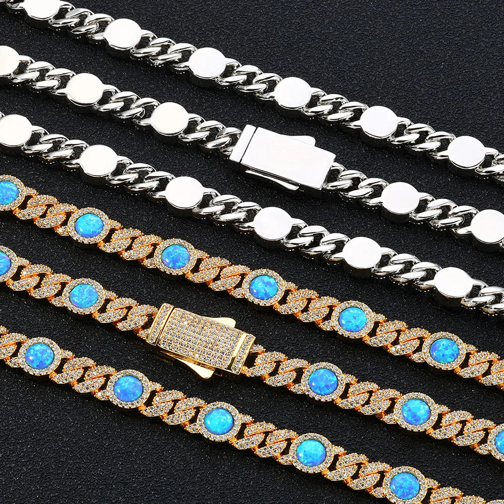 Cuban Iced Out Gold Necklace Blue Opal CZ