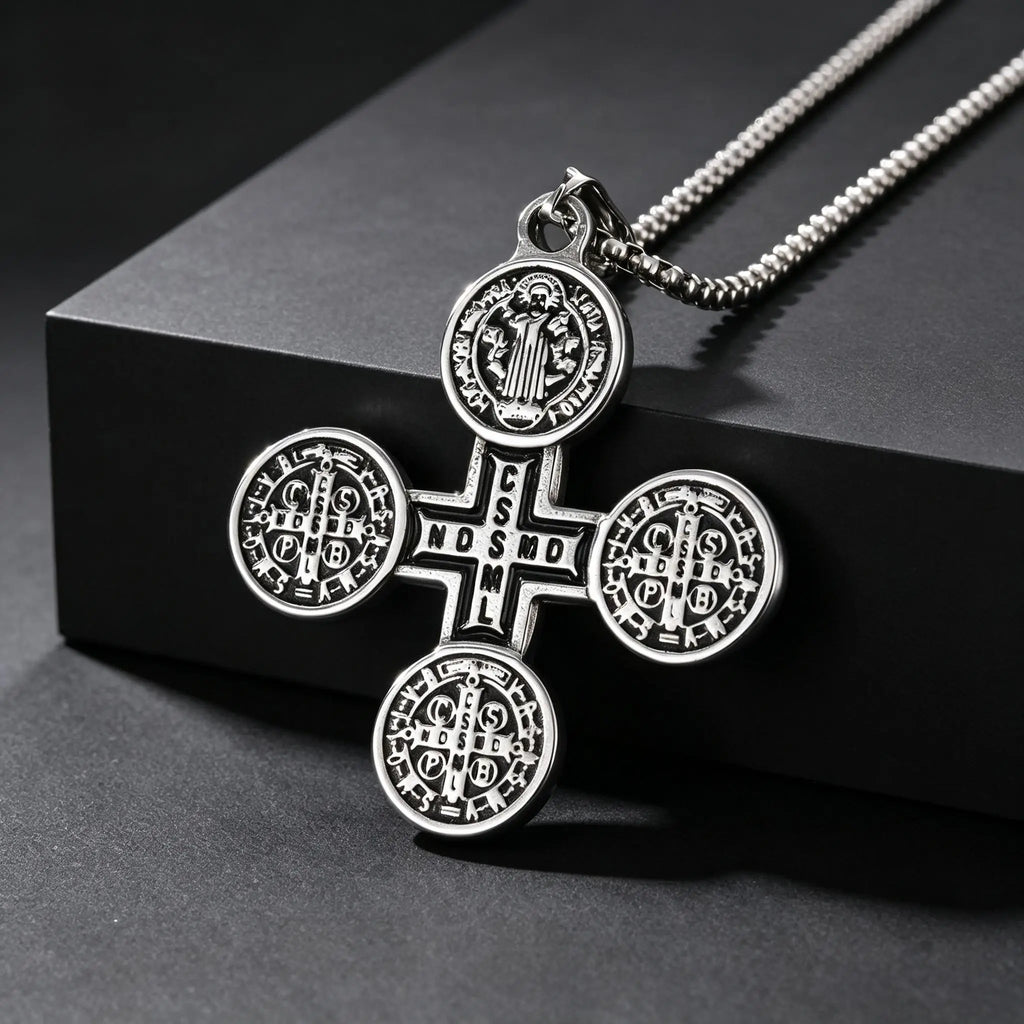 Saint Benedict Cross Medal Necklace — Silver, Stainless Steel