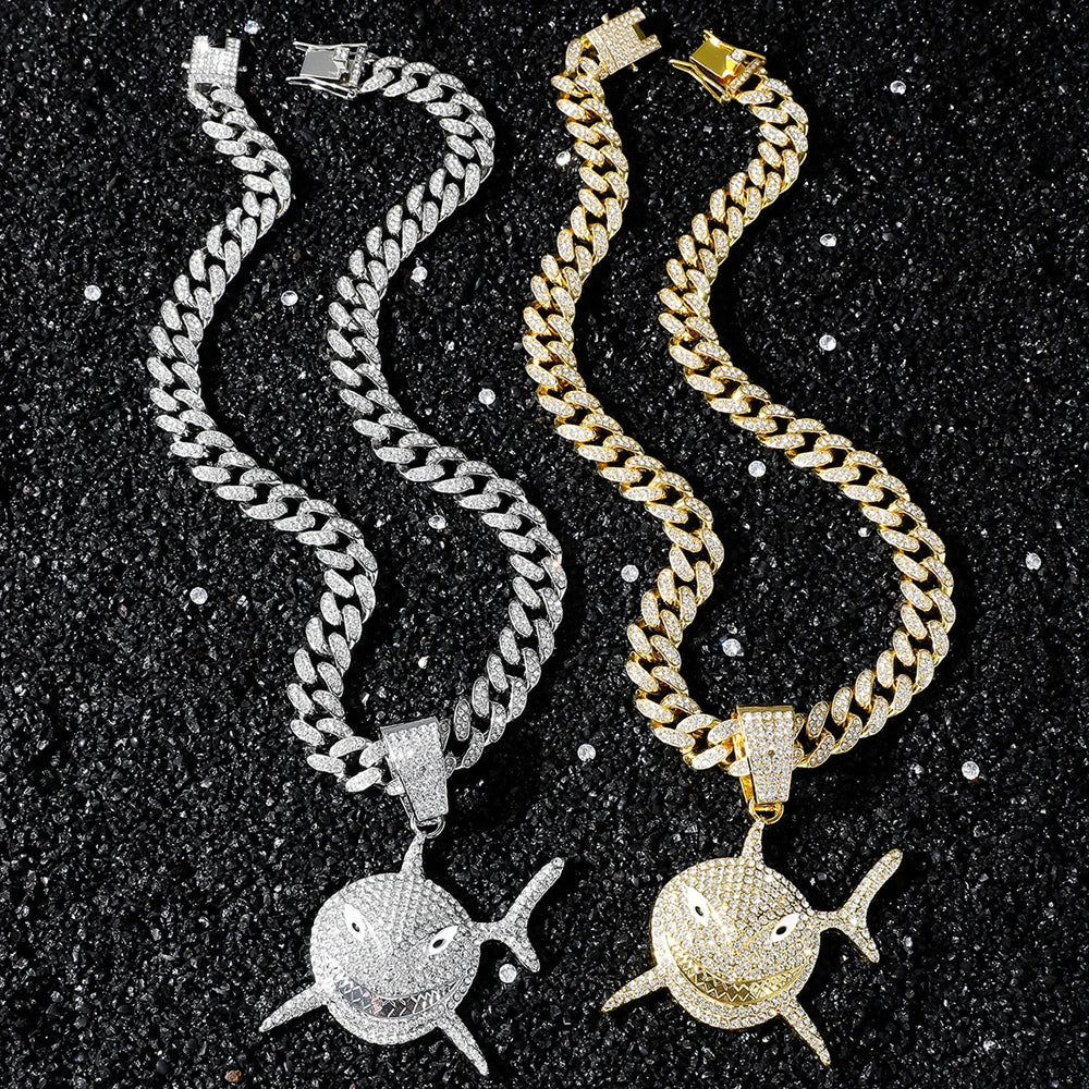 Big Size Shark Pendant Necklace For Men Hip Hop Bling Jewelry With 13mm Iced Out Rhinestone Miami Cuban Chain Fashion