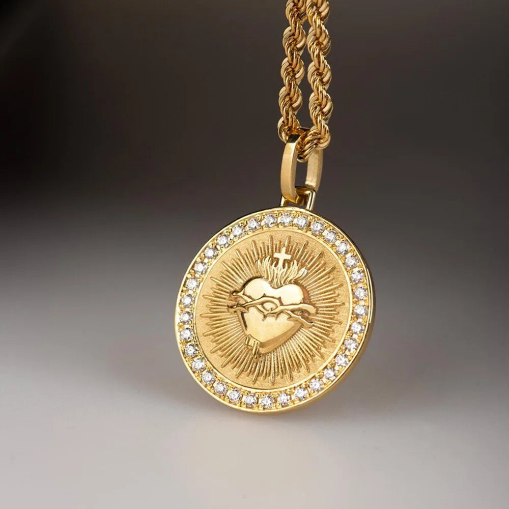 Elegant Gold Color Sacred Heart Pendant for Women Men Flaming Sacred Heart Jesus Cross Necklace With Rhinestones CZ Necklace