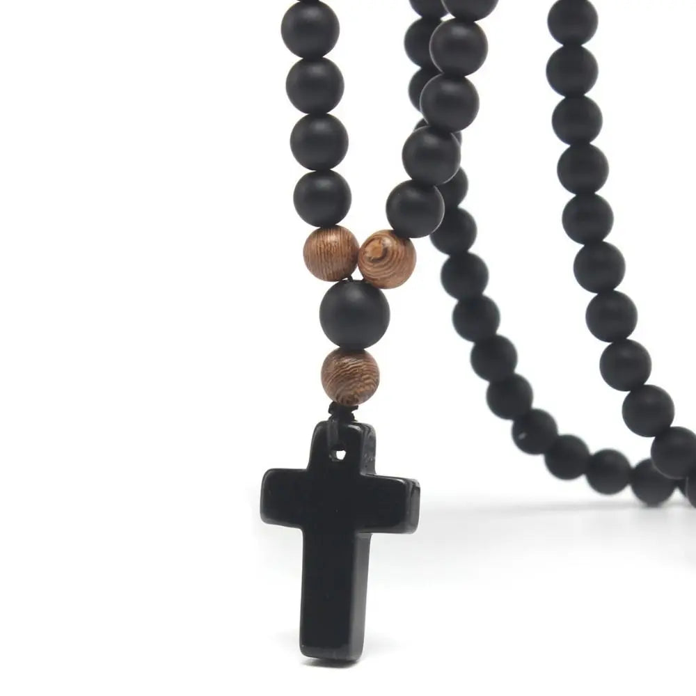 New Cool Rosary Cross Black Round Beads Tiger Eye Stone Cross Pendent Black Cross Pendant Matte Long for Men and Women