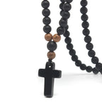 New Cool Rosary Cross Black Round Beads Tiger Eye Stone Cross Pendent Black Cross Pendant Matte Long for Men and Women