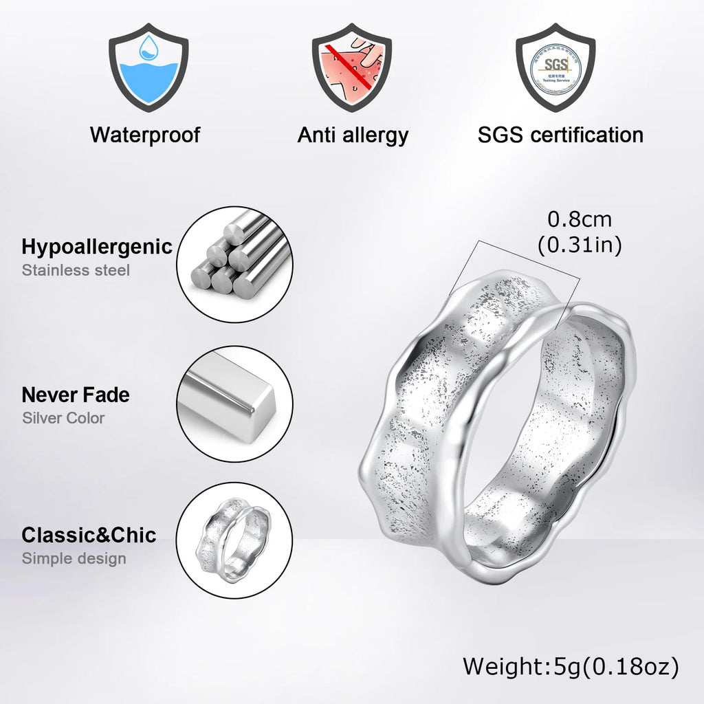 Men's Stainless Steel Vintage Irregular Hammered Ring High Polished 8mm Wide Band Ring Fashion Statement Jewelry Gift for Men