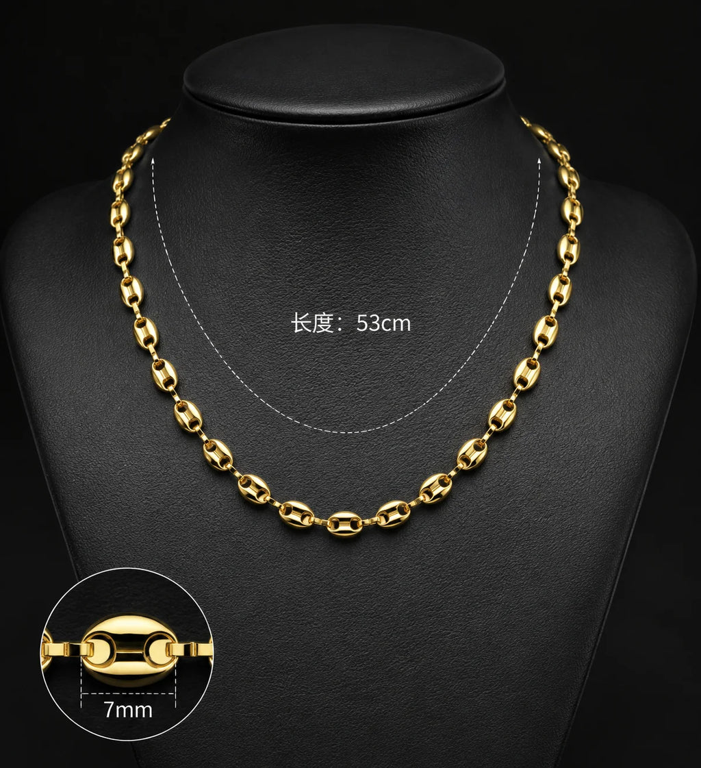 316L Stainless Steel Pig Nose Chain 58cm, Non-Tarnish Coffee Bean Link Necklace, Waterproof Hip Hop Jewelry Gold Silver