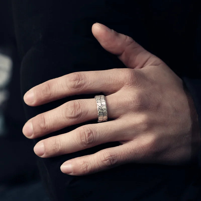 Trendy Cracked Stone Pattern Ring For Men Jewelry Popular 925 Silver Ring Retro Male Party Accessories