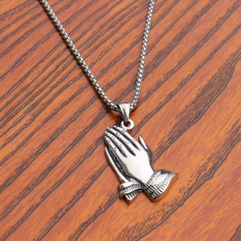 Silver Praying Hands Pendant Necklace Statement