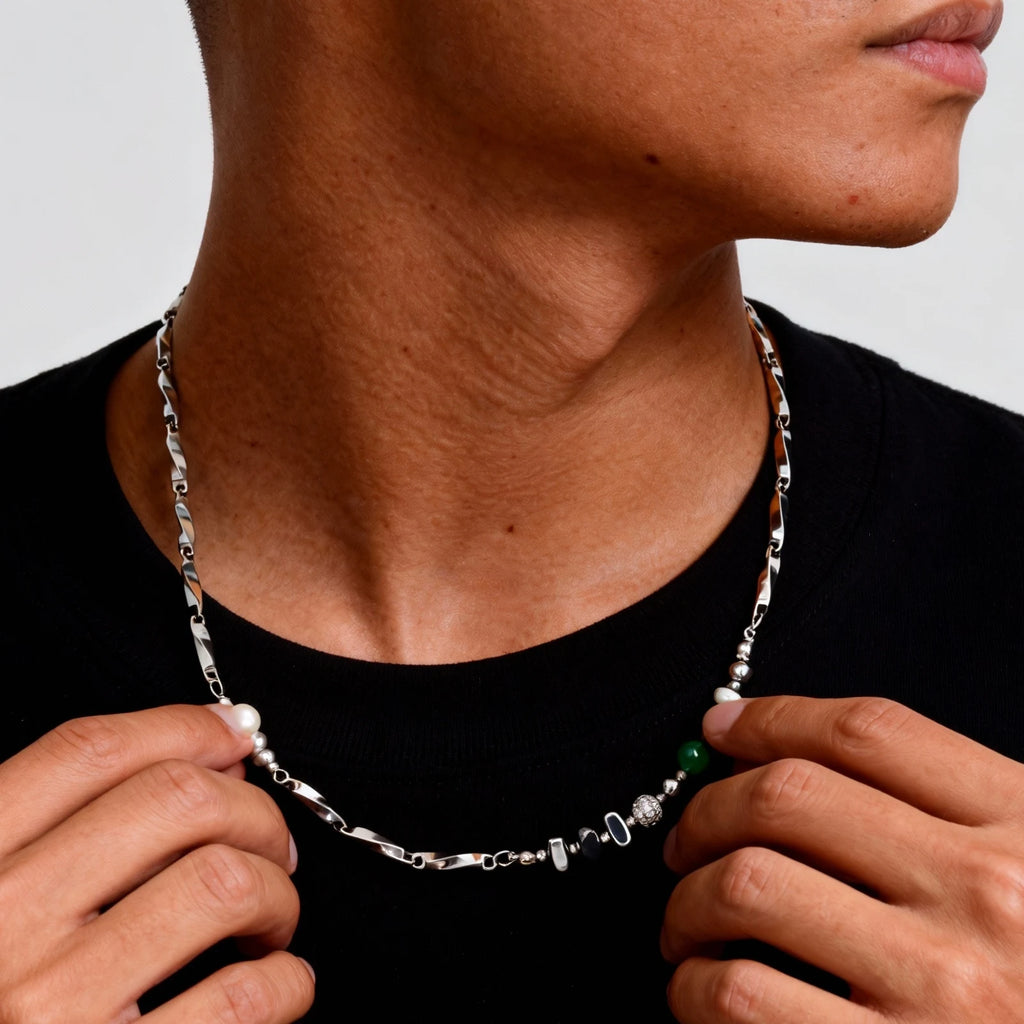 Green Stone Bead Chain Necklace — Stainless Steel
