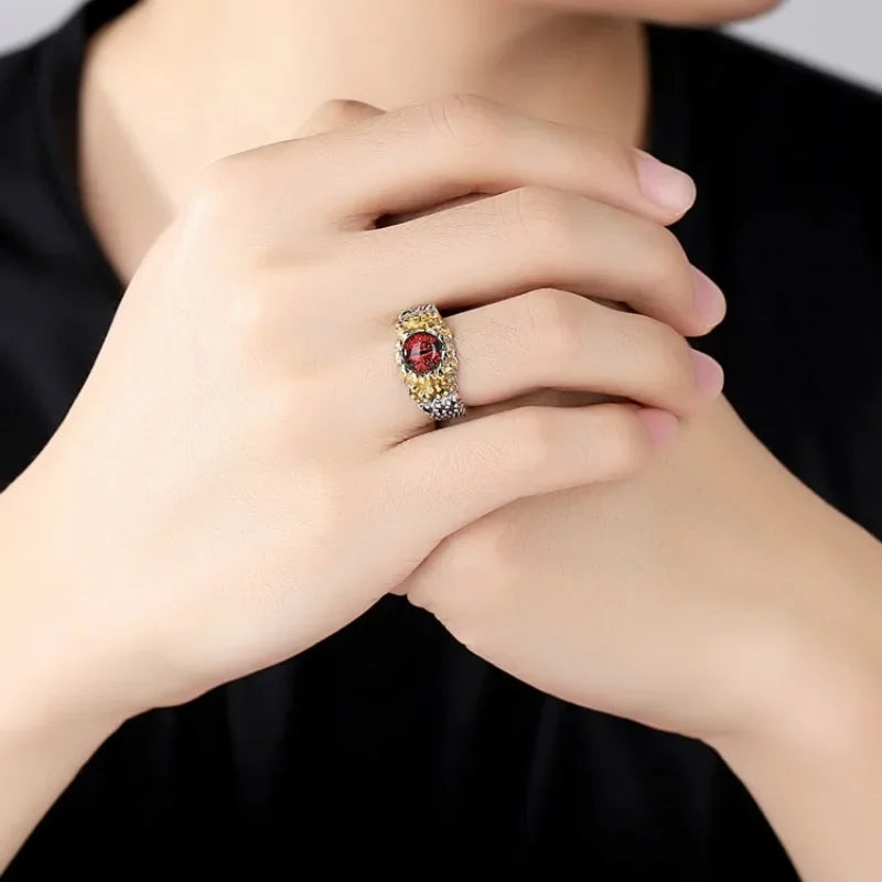 Thai Silver 925 Mens Rings Vintage Punk Style Hip Hop Pythons Snake Eye Unique Crafts Red Ring Opening Adjustable Fine Jewelry