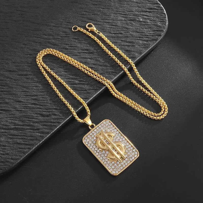 Men\'s Hip Hop Iced Out Dollar Sign Money Pendant Necklace Men\'s Punk Rap Rock Party Jewelry