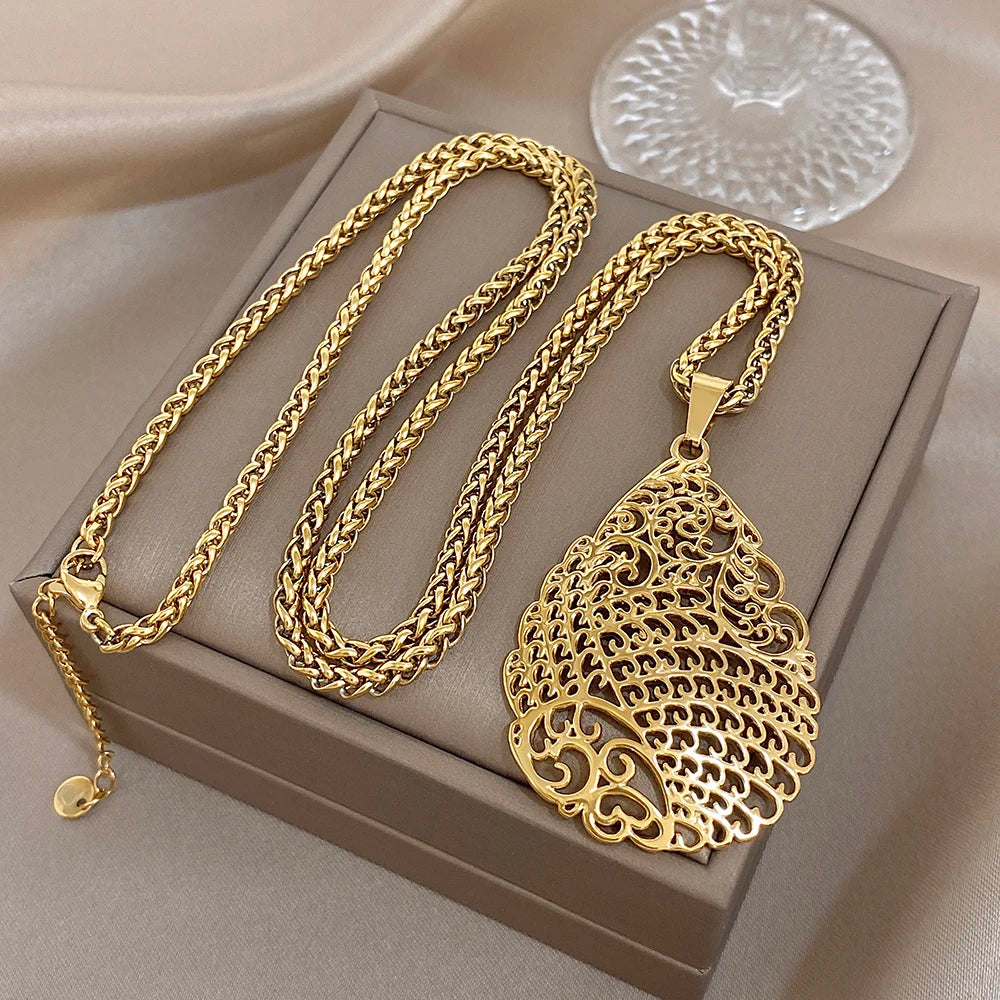 Greatera Vintage Embossment Teardrop Pendant Necklace For Women Men Chic Hollow Artistic Design Stainless Steel Jewelry Party