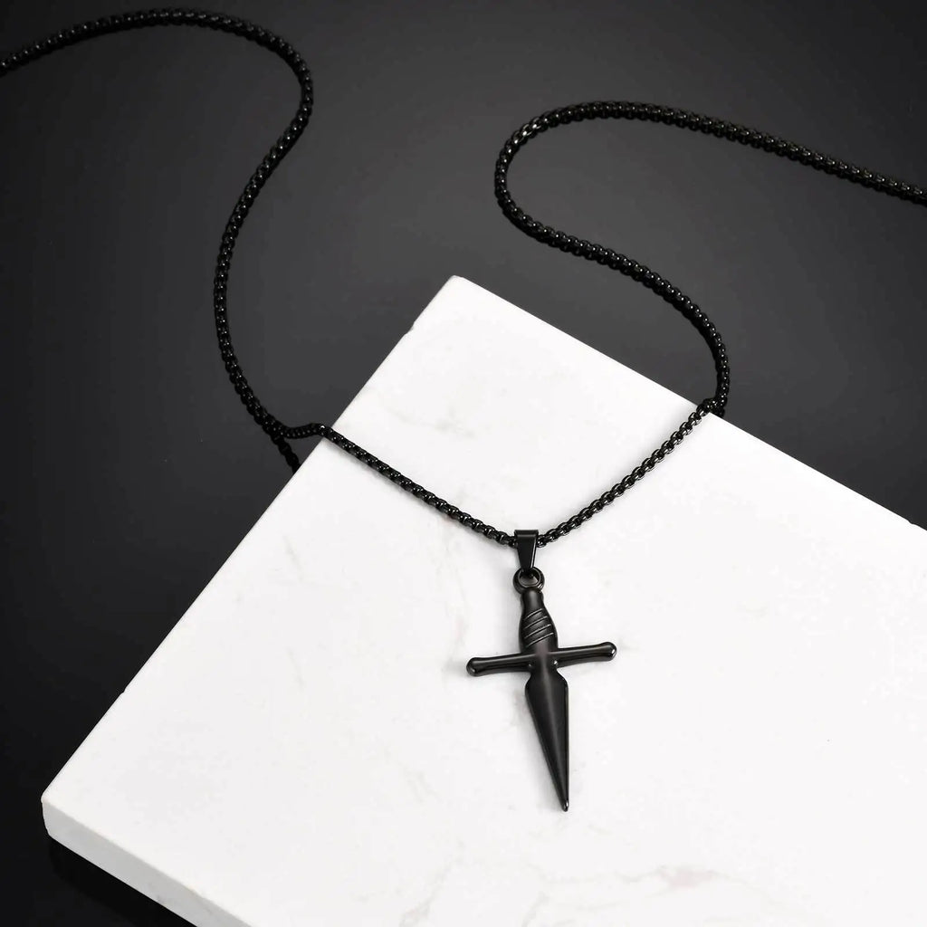 Men's Sword Cross Necklace,Short Sword Stainless Steel Pendant Necklace,Rock Punk Jewelry Gift