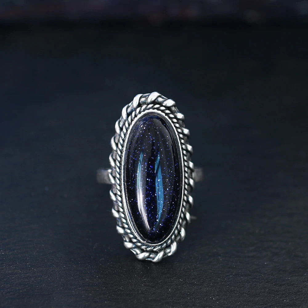 Retro Silver Ring Jewelry Vintage Blue Sandstone Large Stone Luxury Elegant Ring Fine Gift Rings for Women Men