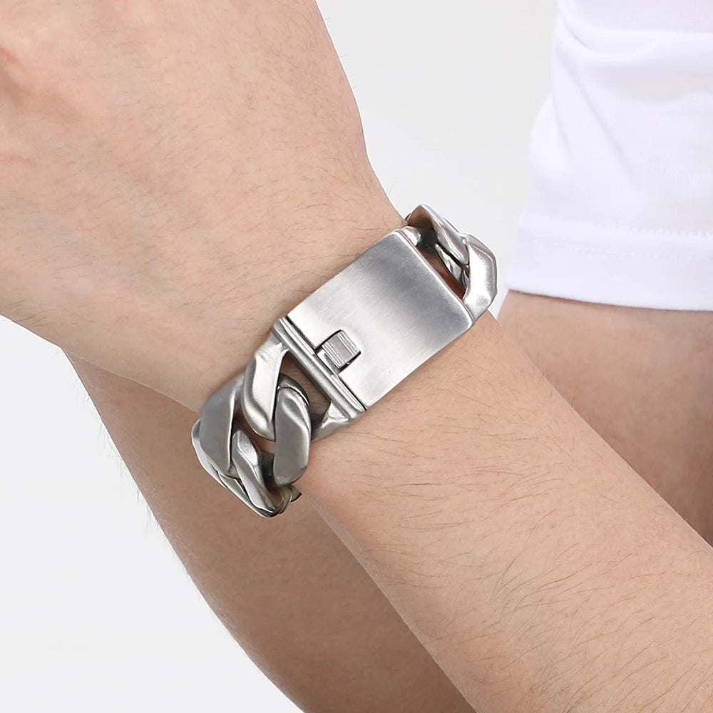 Classic 24MM Width Curb Cuban Link Chain Men Bracelet for Man Matte Brushed Stainless Steel Men's Bracelets Massive