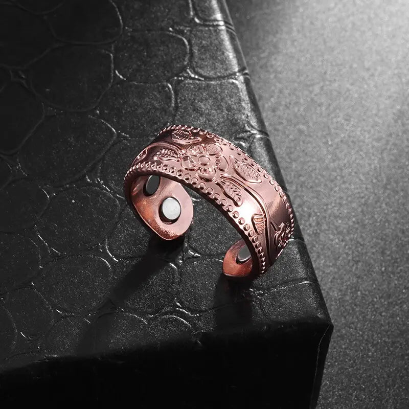 Flower Shape Magnetic Ring Copper Adjustable Open Cuff Ring Men and Women Magnet Healthy Energy Ring for Arthritis Pain Relief